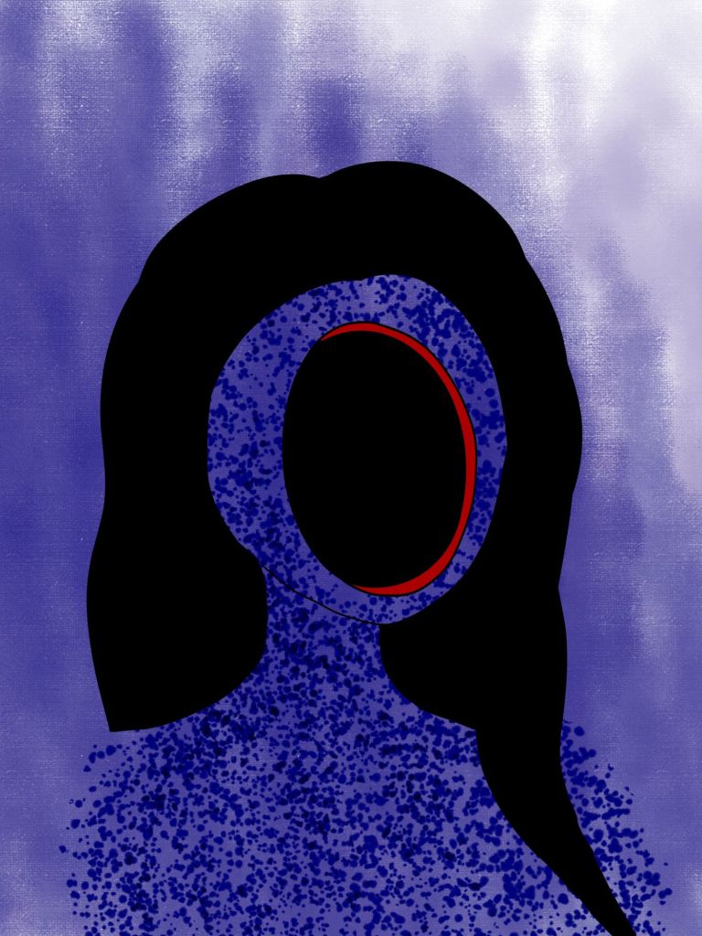 Surreal digital art painting of a woman made up of paint speckles. She has a black voided hole in place of her face.